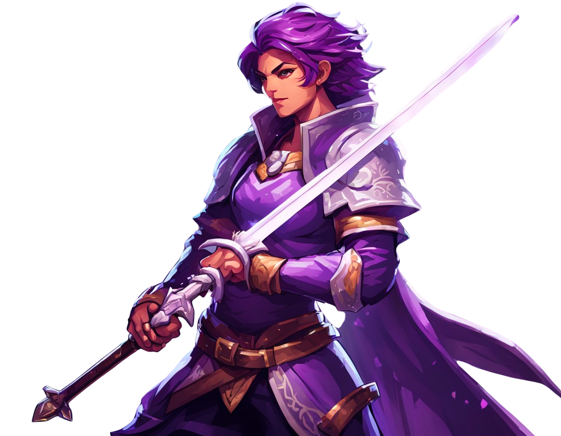 Aergyle wayfarer with a silver sword and violet travelling cloak